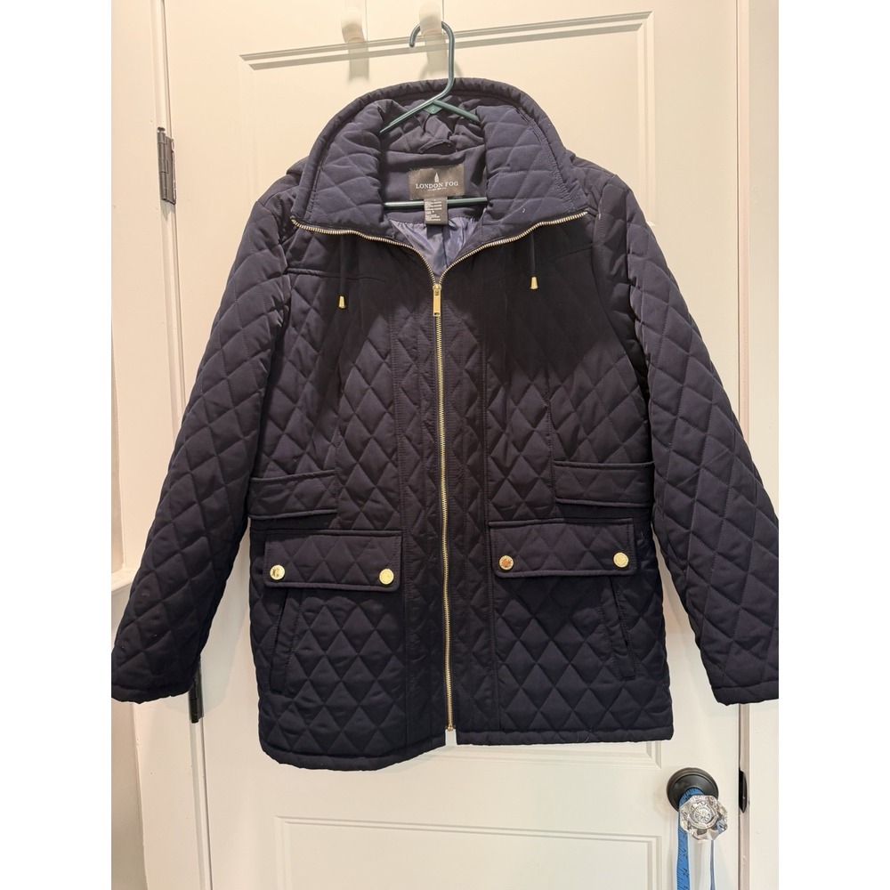 London Fog Womens XL Navy Quilted Jacket Hooded Gold Zip Barn Jacket 28"